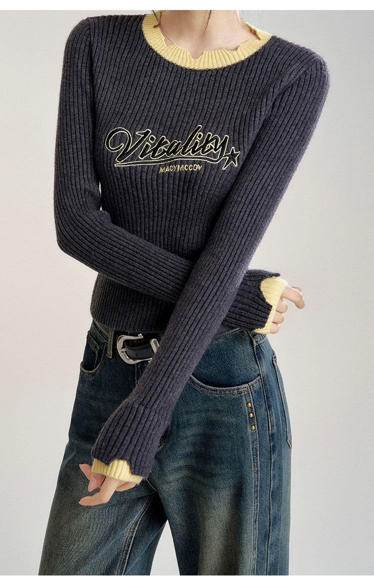 Gray Contrast Color Layered Knit Top