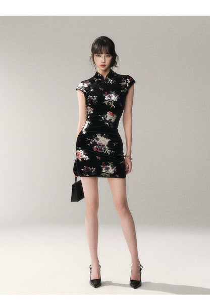 Gilded Velvet Floral Cheongsam Dress