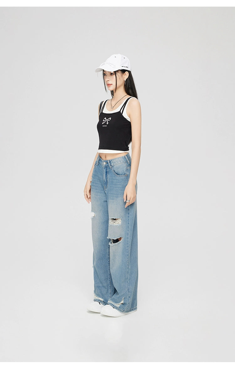 Blue Perforated Jeans Wide-leg Pants - CHINASQUAD