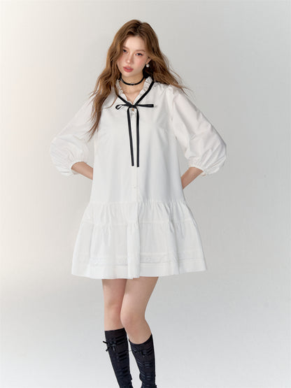 White Bowknot Tied Pleated Shirt Dress