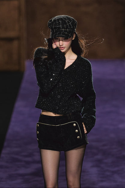 Shimmer V-Neck Sequin Detail Knit Cardigan