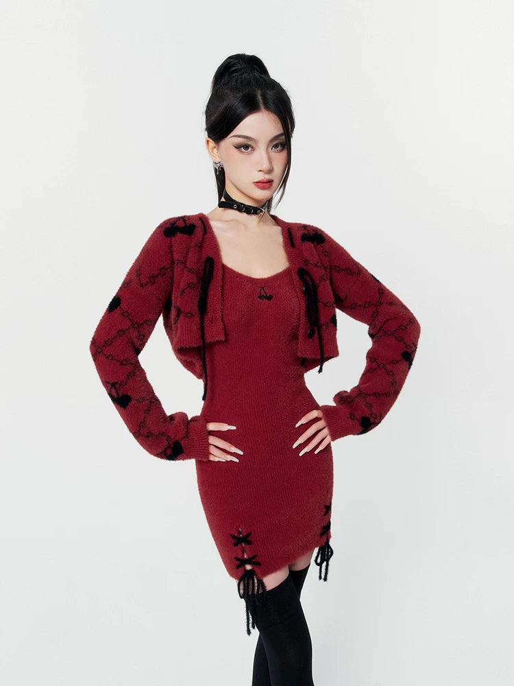 Red Knit Two-Piece Dress Set