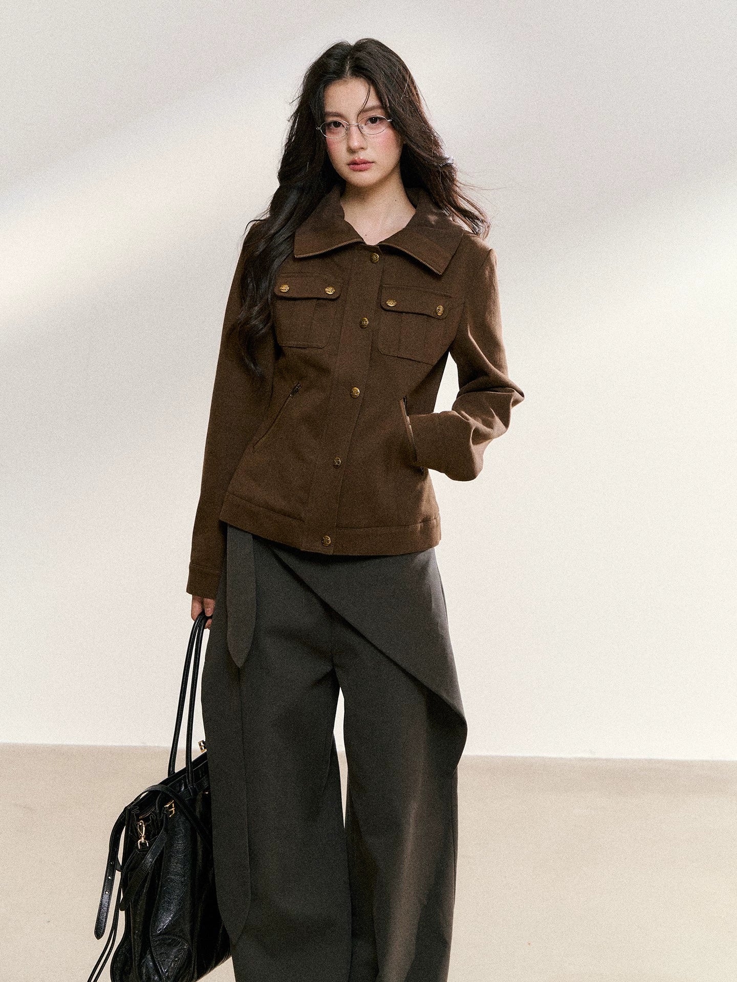 Vintage Suede Stand-Collar Fitted Jacket
