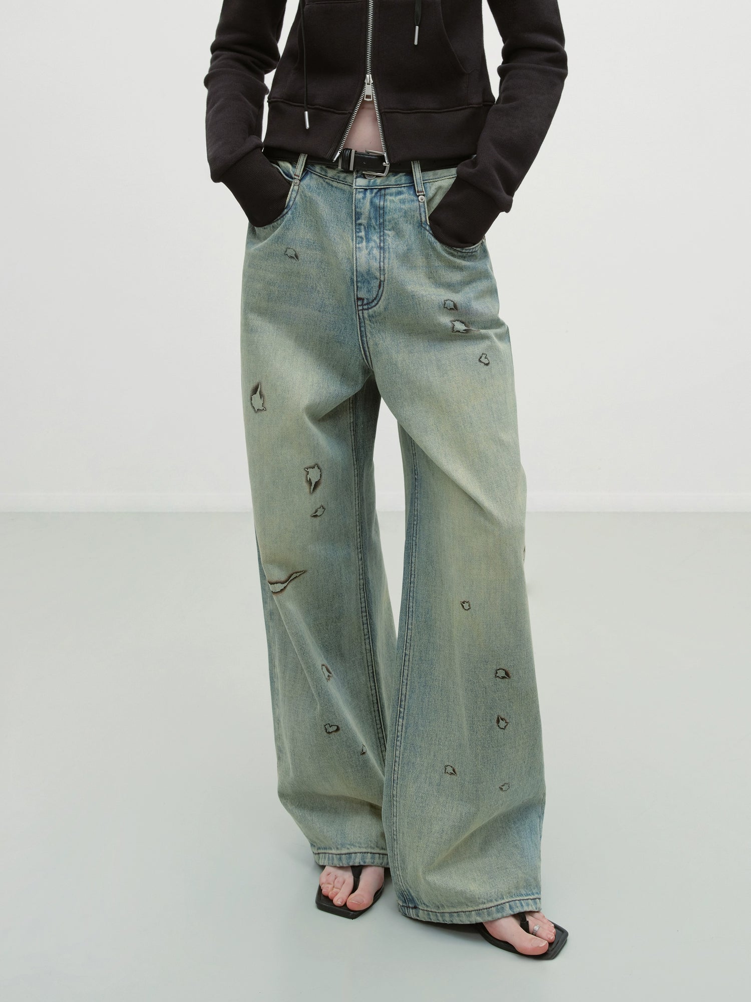 Vintage Burnt-Edge Printed Washed Denim Pants - CHINASQUAD