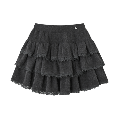 Lace-Panel Velvety Tiered Skirt