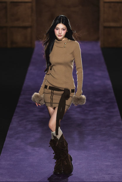 Faux Fur Cuff High-Neck Knit Dress