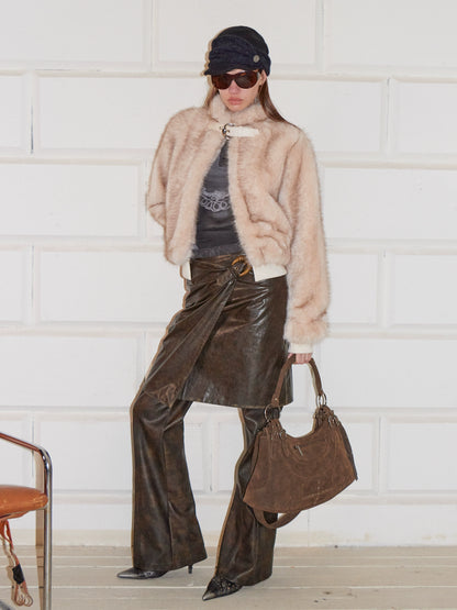 Metal-Buckle Stand Collar Faux Fur Coat