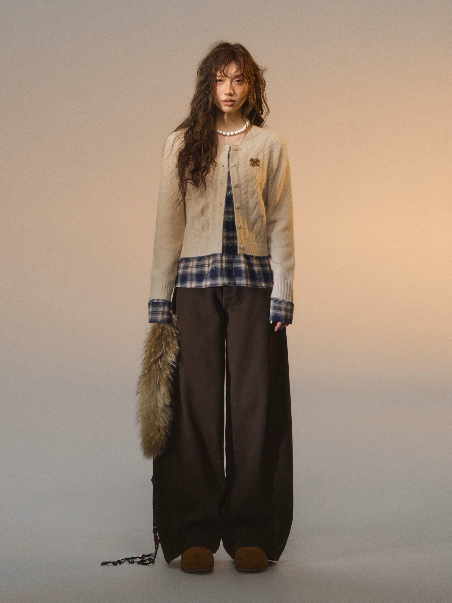 Layered Plaid Patchwork Cable Knit Cardigan