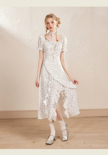 White Square-neck Floral Irregular Ruffle Hem Slit Dress