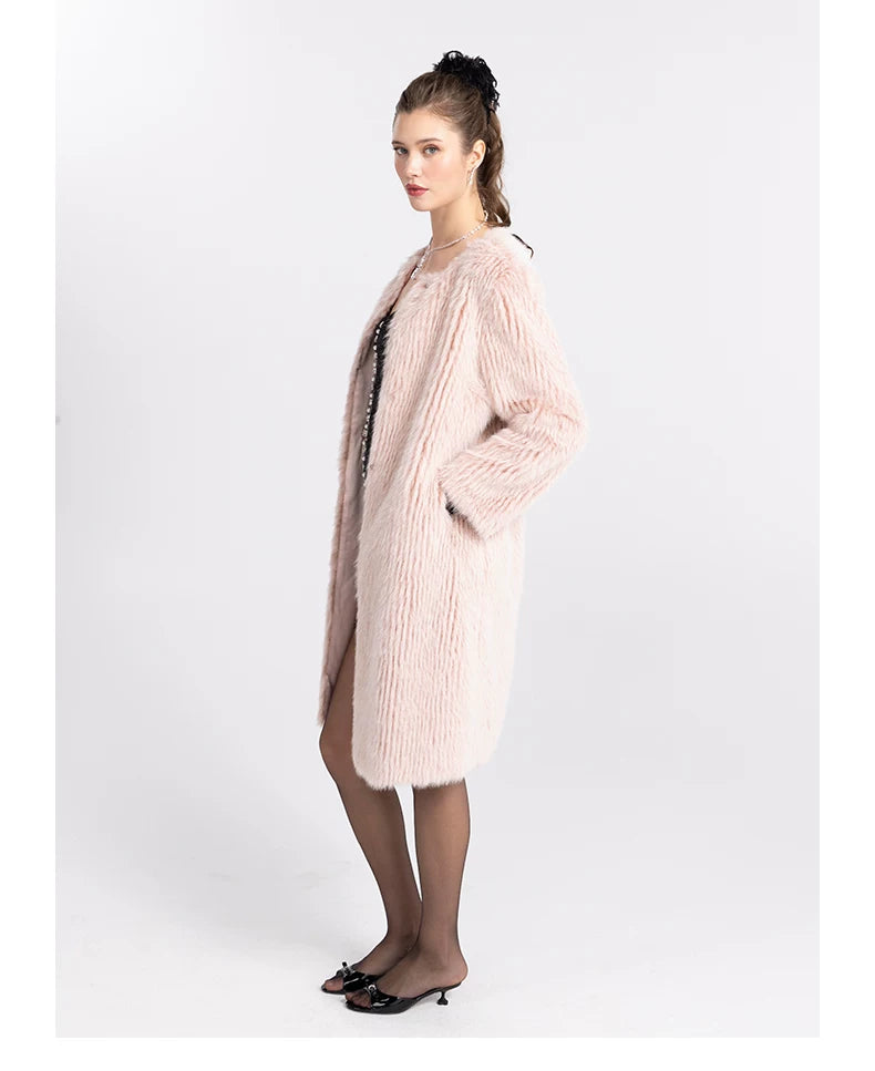 Round-Neck Eco-Faux Fur Long Coat