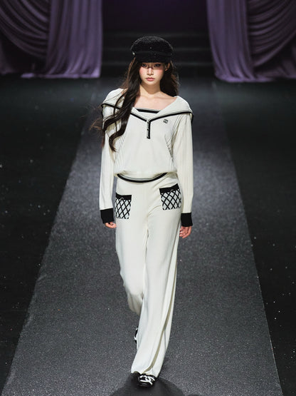 Sailor V-neck pullover &amp; Quilted Straight Pants Set