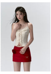 "I LOVE ME" Embroidered Rose Belt A-Line Mini Skirt - CHINASQUAD