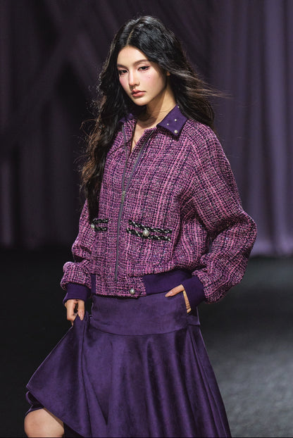 Suede Patchwork Tweed Jacket &amp; Asymmetric A-Line Skirt Set