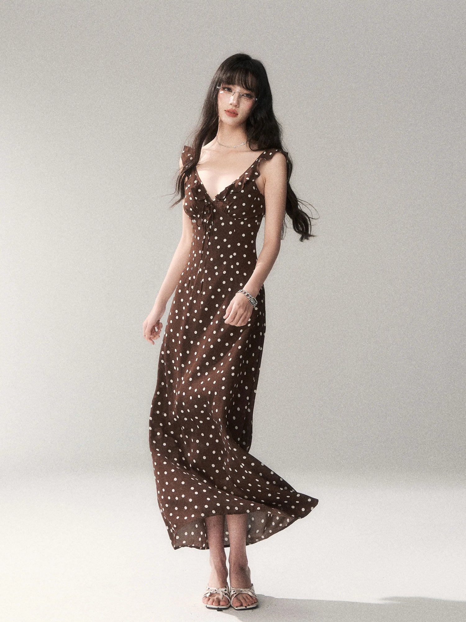 Chocolate Polka Dot French Slim-Fit Slip Maxi Dress