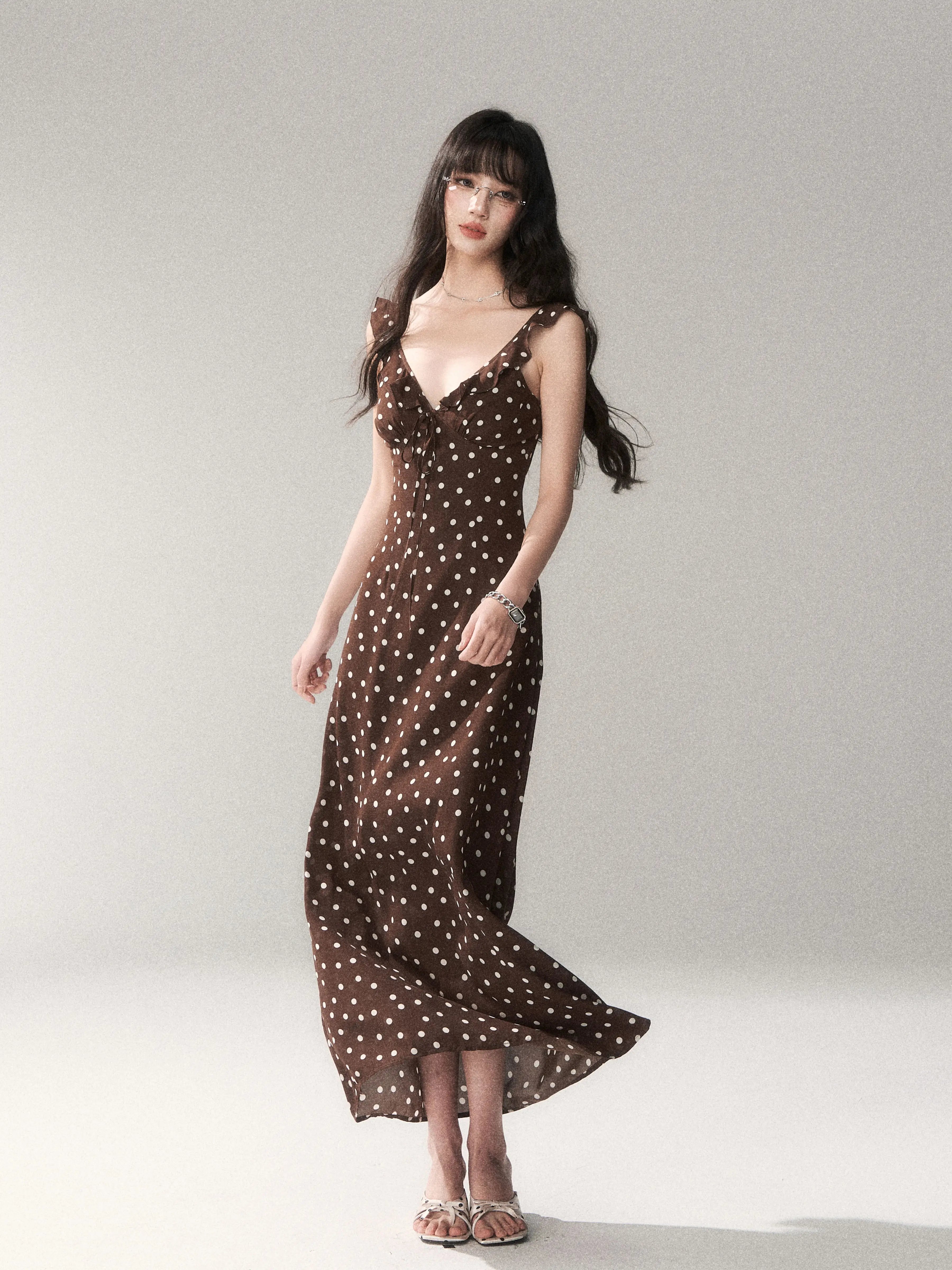 Chocolate Polka Dot French Slim-Fit Slip Maxi Dress