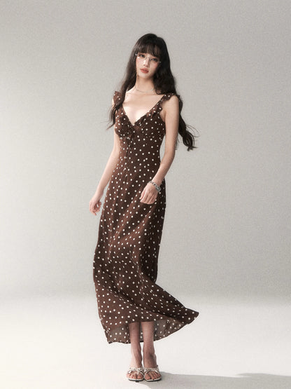 Chocolate Polka Dot French Slim-Fit Slip Maxi Dress
