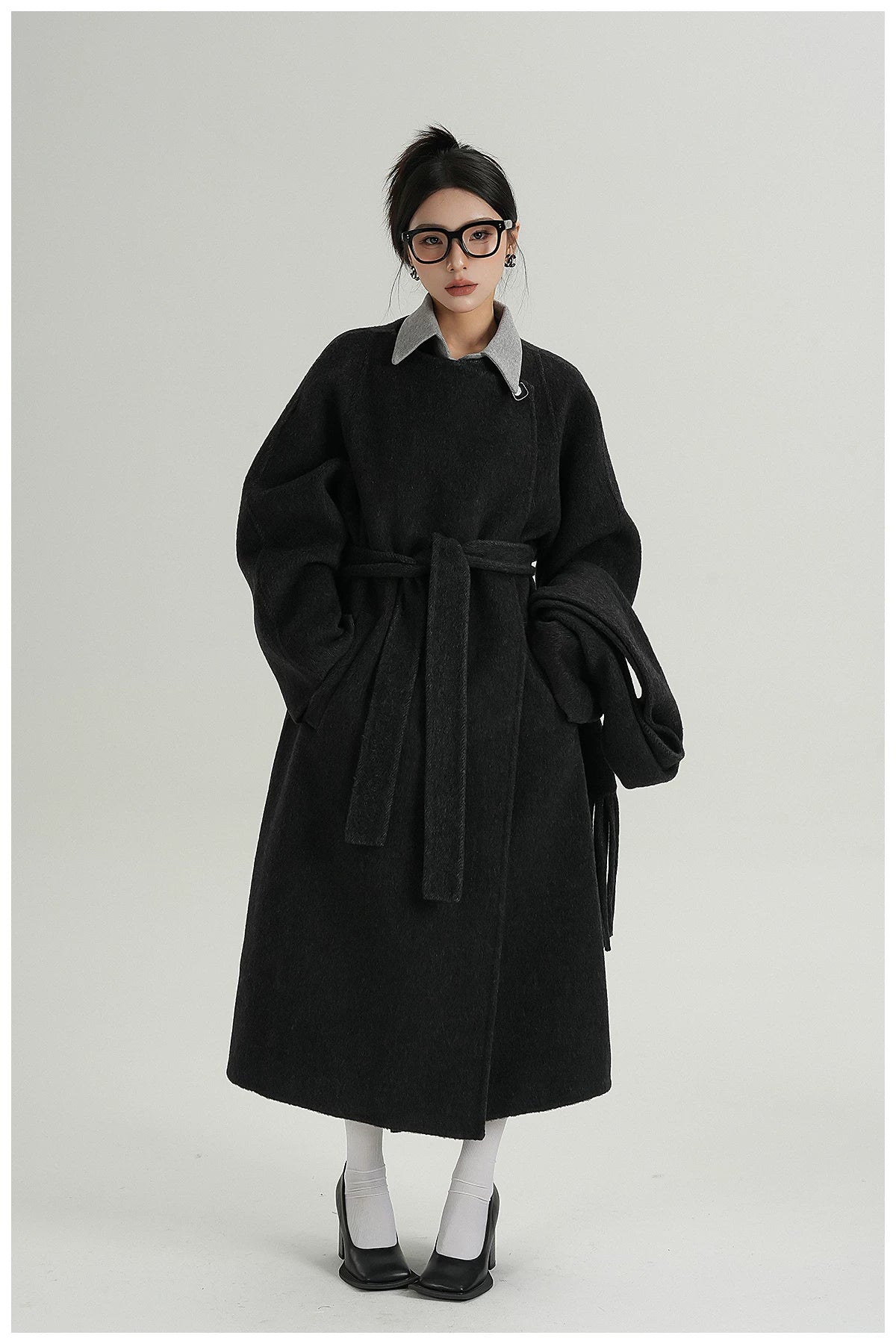 Fringe-Detail Wool Scarf-Style Long Coat