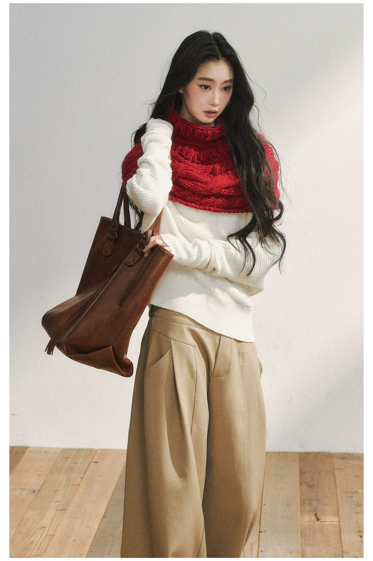 Two-Tone Knitted Fuzzy Pullover Shawl