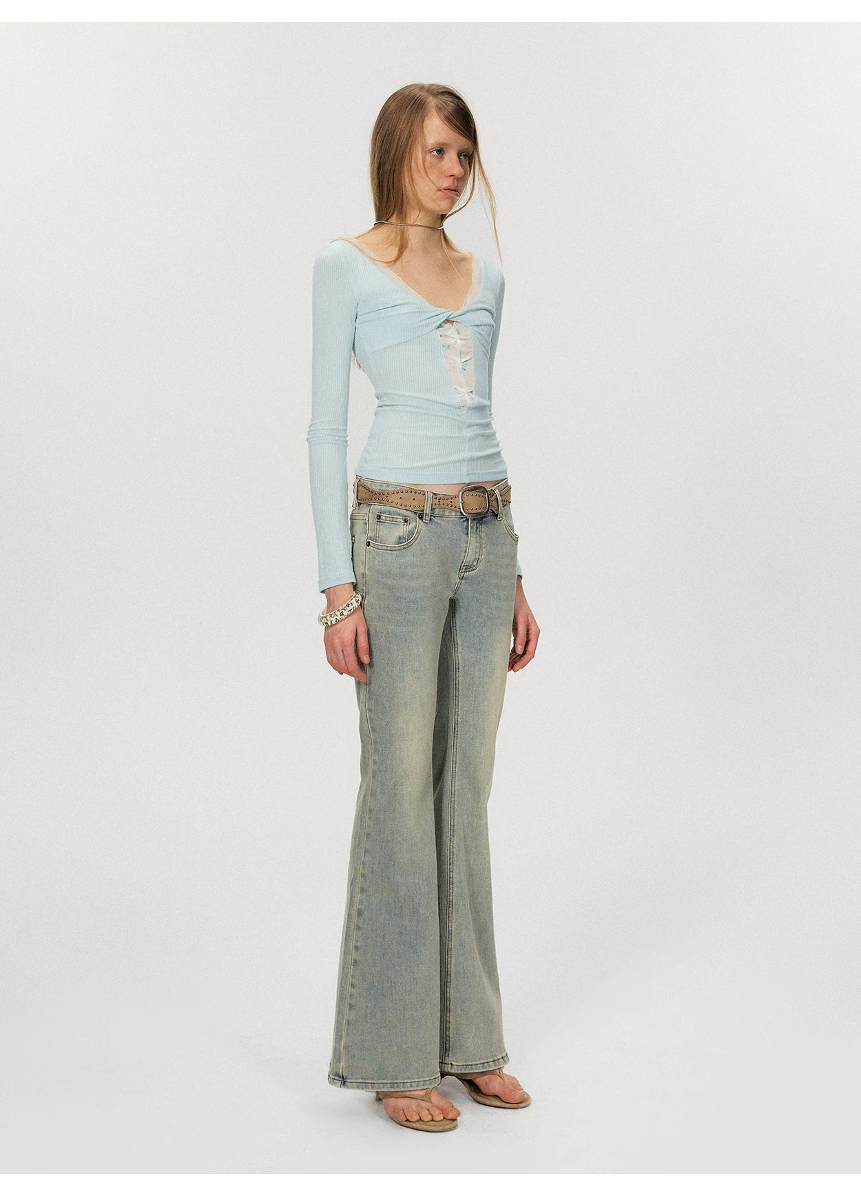 Twist-Front Mesh Panel Slim Fit Long Sleeve Top