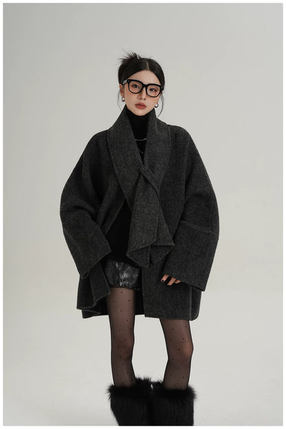 Scarf-Detail Mid-Length Wool Jacket