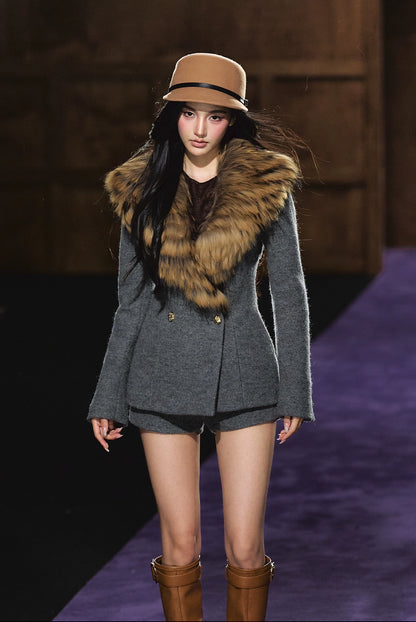 Detachable Fur Collar Wool Tailored Blazer &amp; Shorts Set