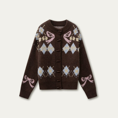 Bow-Knot Fair Isle Toggle Knit Cardigan