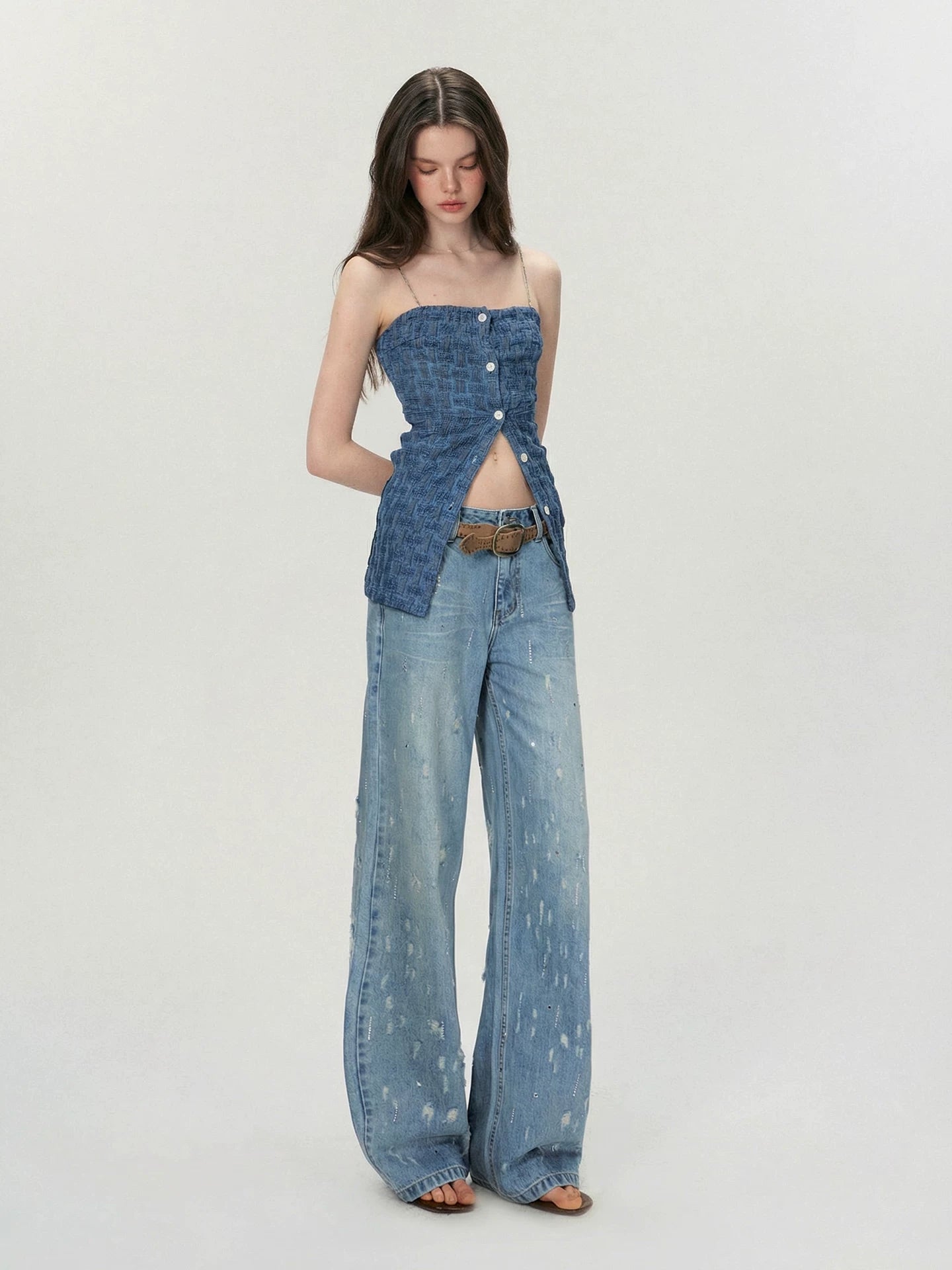 Vintage Washed Blue Rhinestone Embellished Straight-Leg Denim Trousers
