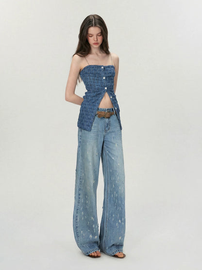 Vintage Washed Blue Rhinestone Embellished Straight-Leg Denim Trousers