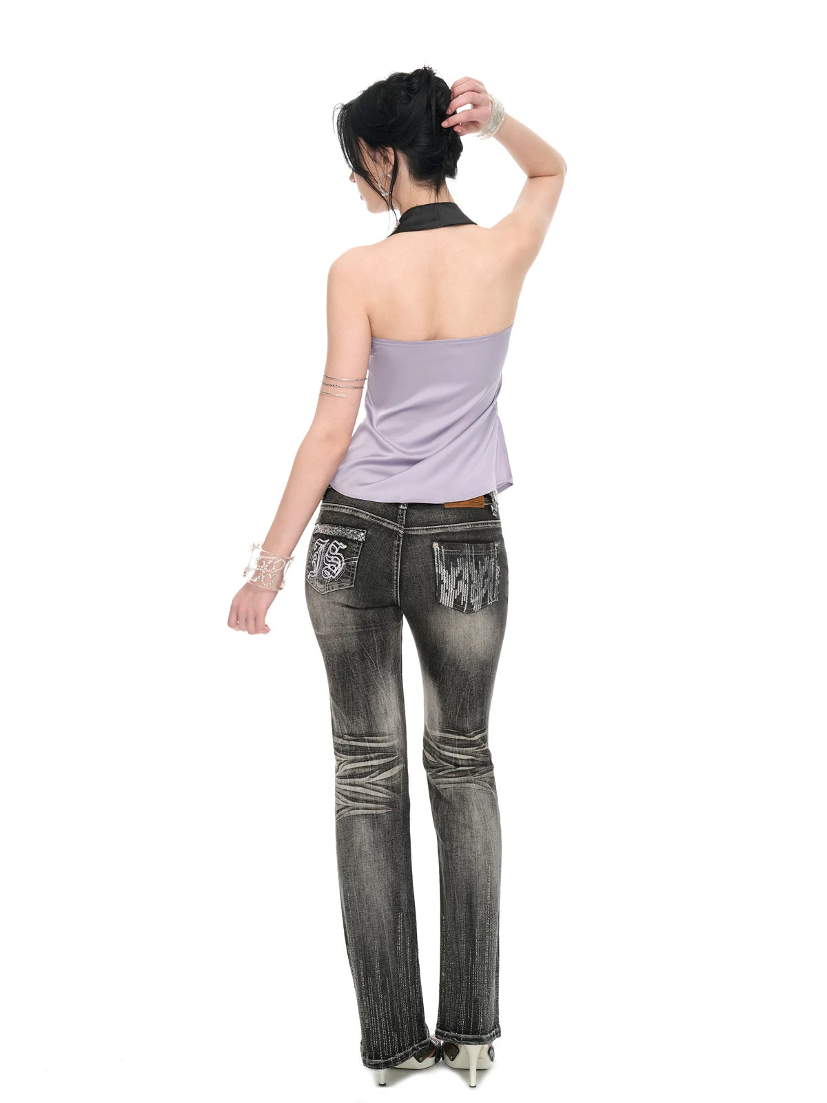 Lilac Satin Sequin Halter Neck Backless Draped Blouse