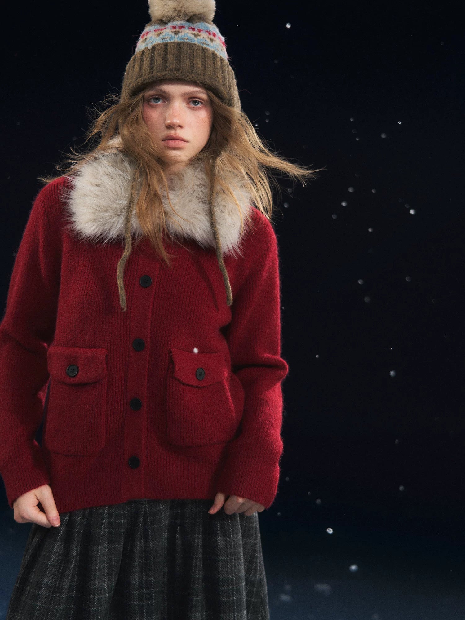 Detachable Fur Collar Ribbed Cardigan