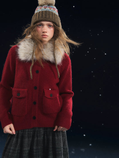 Detachable Fur Collar Ribbed Cardigan