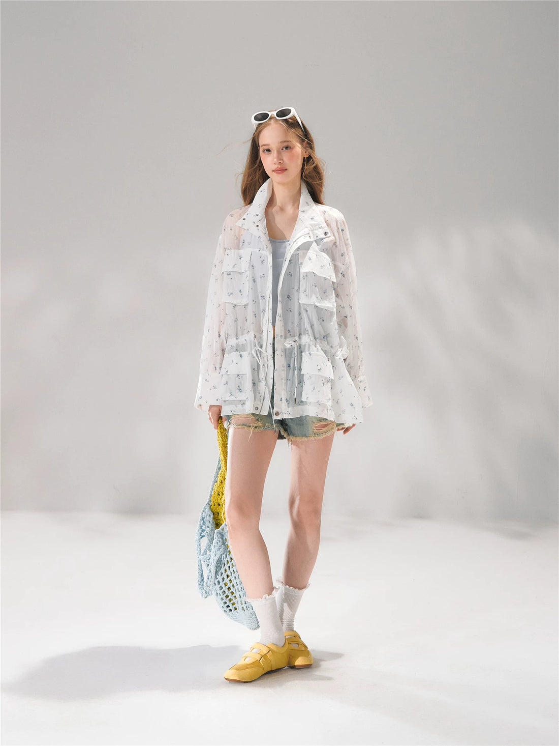 Floral Sheer Batwing Sleeve Utility Jacket