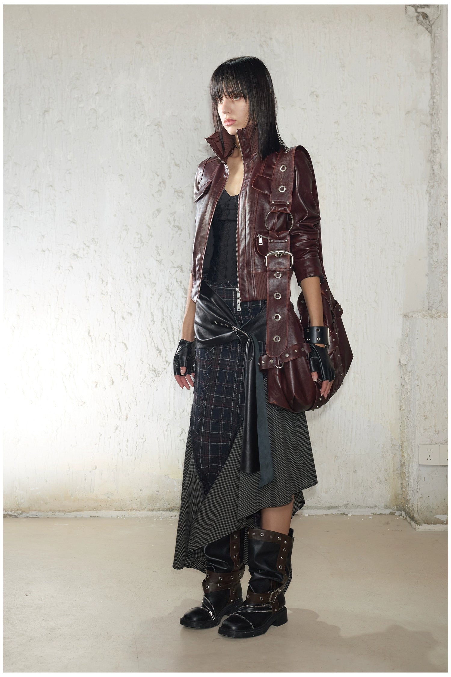 Distressed Cropped Biker Leather Jacket