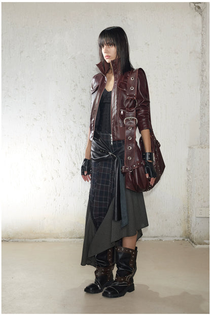 Distressed Cropped Biker Leather Jacket