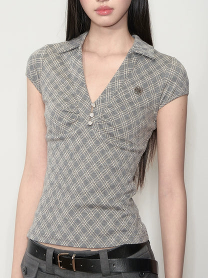 Pleated Checkered Polo V-Neck T-shirt