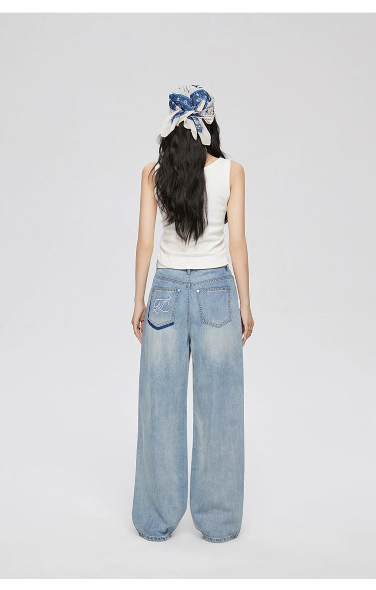 Blue Lyocell Tencel Jeans Wide-Leg Pants