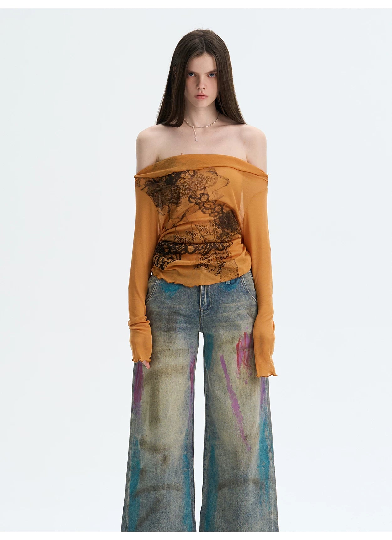 Washed Blue Graffiti Straight-Leg Denim Jeans