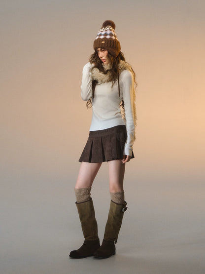 Lace-Trimmed Velvet Pleated Faux Leather Mini Skirt