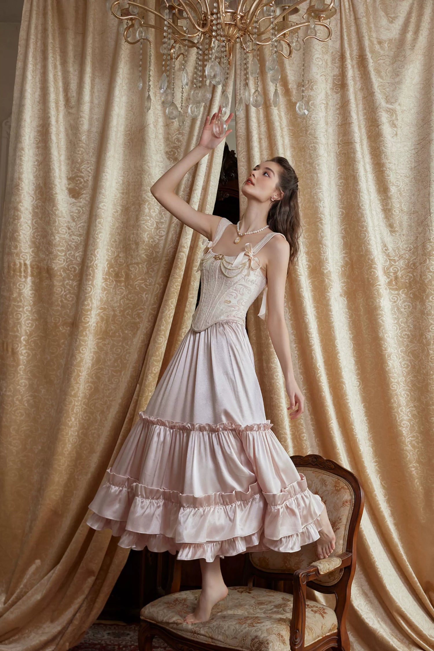 Jacquard Corset Top &amp; Satin Ruffle Skirt Set