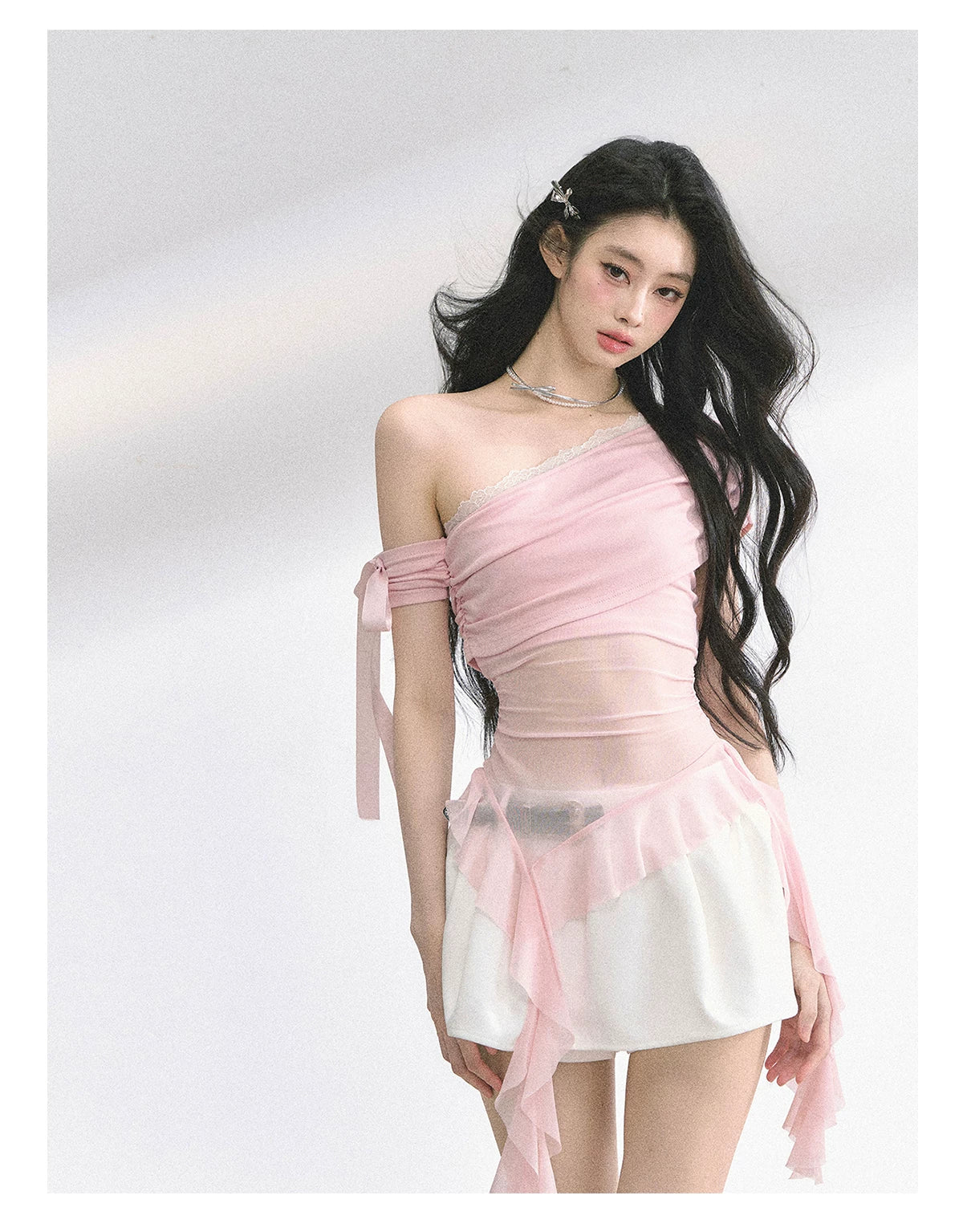 Off-Shoulder Mesh Short-Sleeve T-Shirt