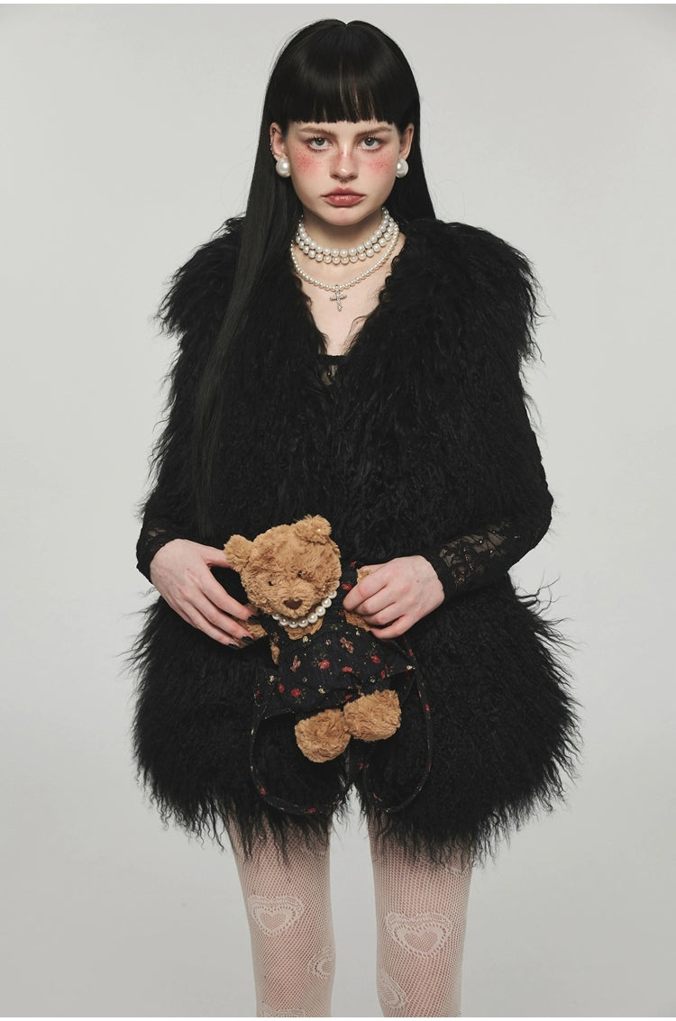 Camel &amp; Black Wool Straight-Cut Furry Vest - CHINASQUAD