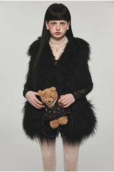 Camel & Black Wool Straight-Cut Furry Vest - CHINASQUAD