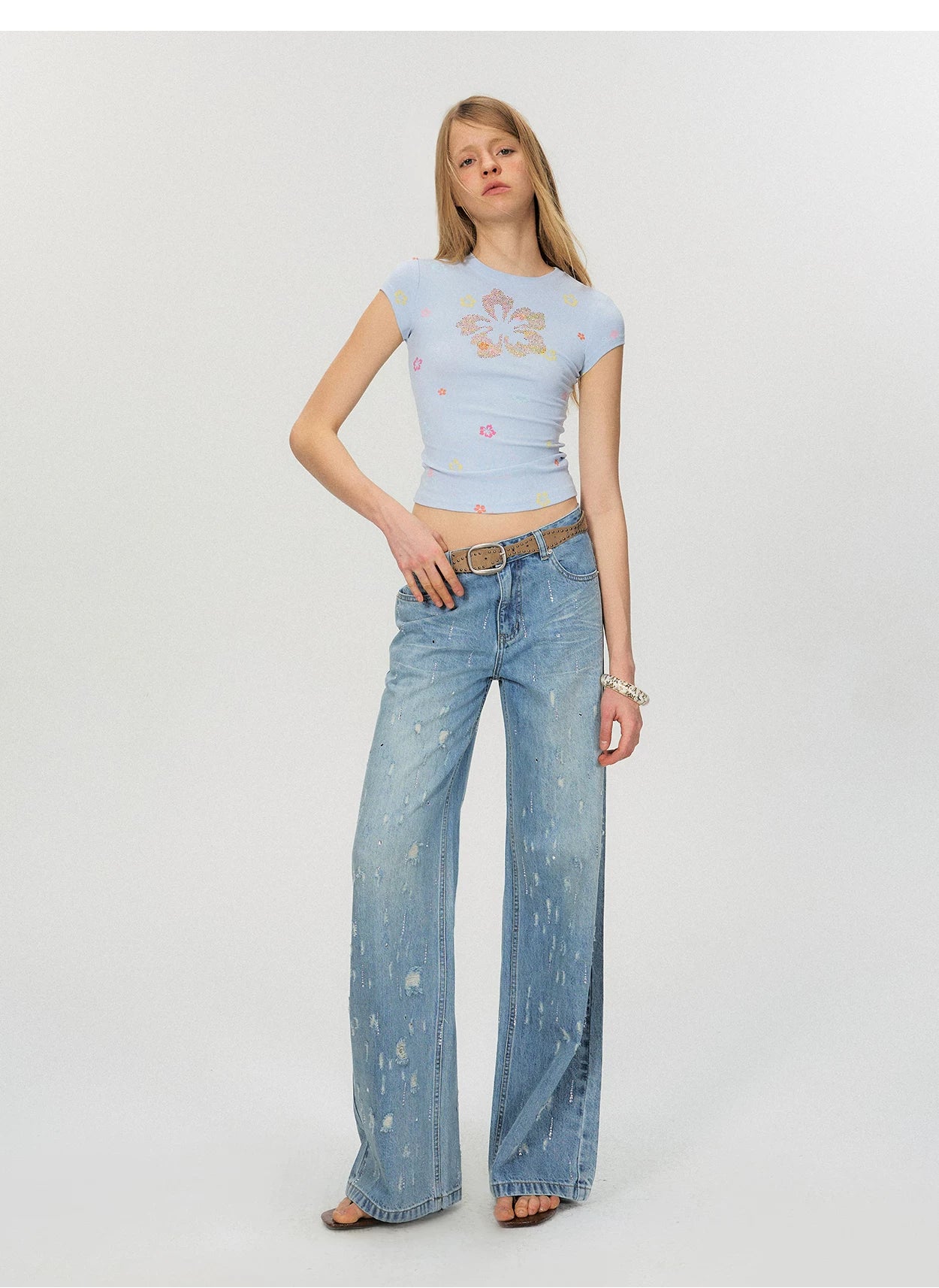 Vintage Washed Blue Rhinestone Embellished Straight-Leg Denim Trousers