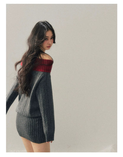 Off-Shoulder American-Style Knit Mini Dress