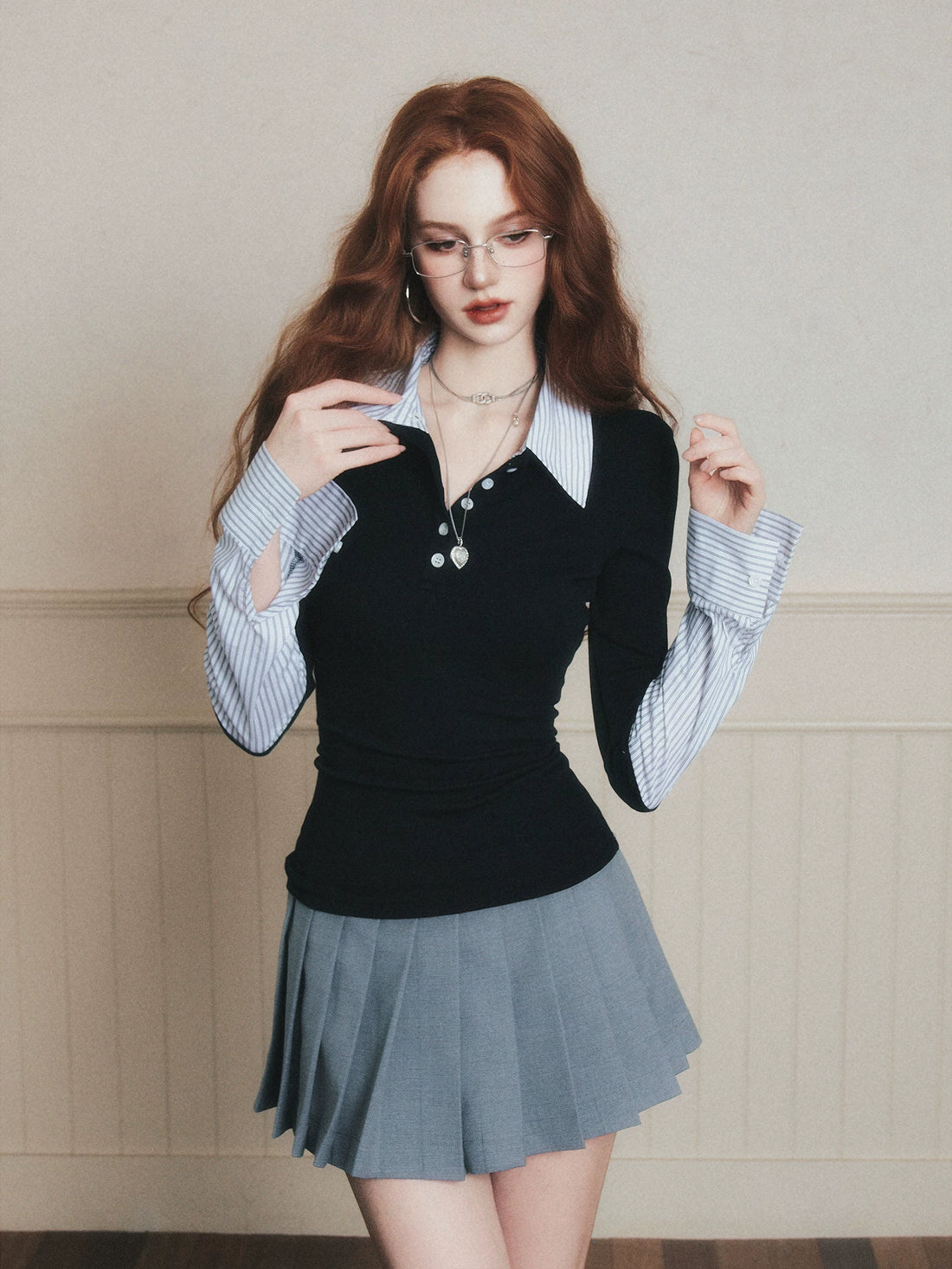 Layered-Style Collar Knit Polo