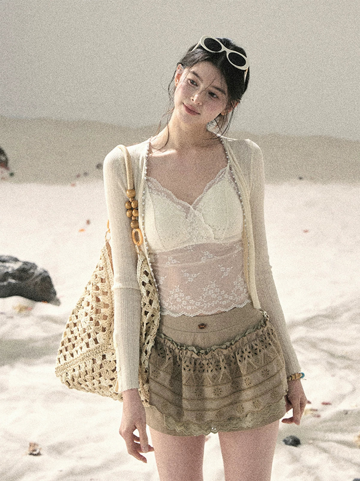 Sheer Off-Shoulder Sun Protection Knit Top Set