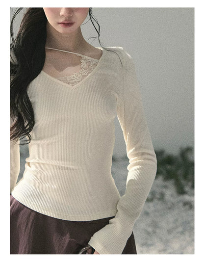 Deep V Lace Knit Top