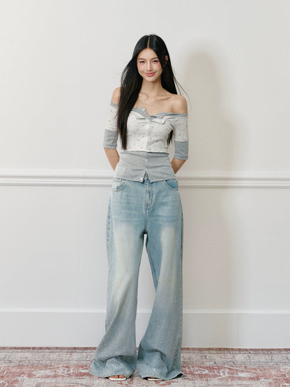 Light Washed Rhinestone Jeans - CHINASQUAD