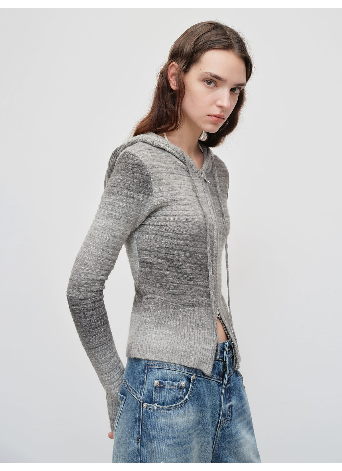 Ombre Wool Blend Double-Zip Hooded Cardigan