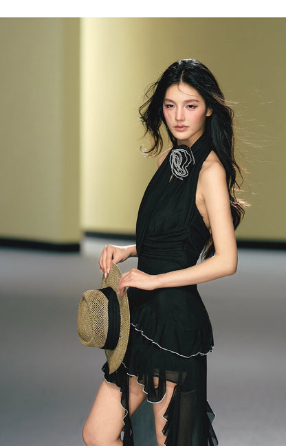 Rose Appliqué Asymmetrical Halterneck Dress
